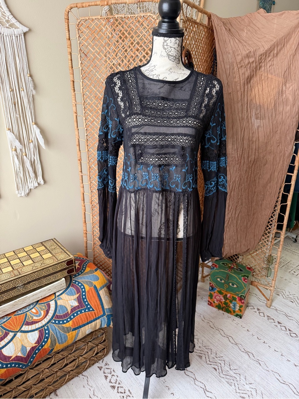 Free People Long Black Tunic Sweet Sunny Days Embroidered Top